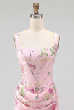 Roze vierkante hals bodycon gerimpelde bloemenpailletten korset homecoming jurk