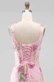 Roze vierkante hals bodycon gerimpelde bloemenpailletten korset homecoming jurk