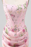 Roze vierkante hals bodycon gerimpelde bloemenpailletten korset homecoming jurk