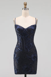 Navy Bodycon Bloemenborduursel Korset Pailletten Korte Homecoming Jurk