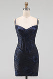 Navy Bodycon Bloemenborduursel Korset Pailletten Korte Homecoming Jurk