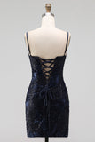 Navy Bodycon Bloemenborduursel Korset Pailletten Korte Homecoming Jurk