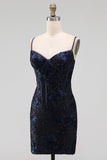 Navy Bodycon Bloemenborduursel Korset Pailletten Korte Homecoming Jurk