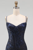 Navy Bodycon Bloemenborduursel Korset Pailletten Korte Homecoming Jurk