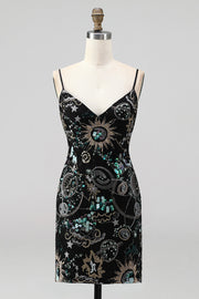 Navy Bodycon Spaghetti Straps Pailletten Korte Homecoming Jurk met Kant Achter