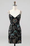 Navy Bodycon Spaghetti Straps Pailletten Korte Homecoming Jurk met Kant Achter