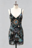 Navy Bodycon Spaghetti Straps Pailletten Korte Homecoming Jurk met Kant Achter