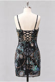 Navy Bodycon Spaghetti Straps Pailletten Korte Homecoming Jurk met Kant Achter