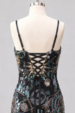 Navy Bodycon Spaghetti Straps Pailletten Korte Homecoming Jurk met Kant Achter