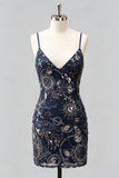 Navy Bodycon Spaghetti Straps Pailletten Korte Homecoming Jurk met Kant Achter
