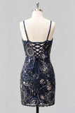 Navy Bodycon Spaghetti Straps Pailletten Korte Homecoming Jurk met Kant Achter