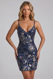 Navy Bodycon Spaghetti Straps Pailletten Korte Homecoming Jurk met Kant Achter