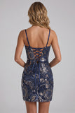 Navy Bodycon Spaghetti Straps Pailletten Korte Homecoming Jurk met Kant Achter