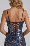 Navy Bodycon Spaghetti Straps Pailletten Korte Homecoming Jurk met Kant Achter