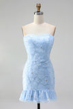 Lichtblauwe bodycon strapless geruffde bloemenkralenjurk met kanten op de rug