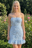 Lichtblauwe bodycon strapless geruffde bloemenkralenjurk met kanten op de rug