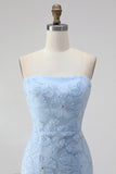 Lichtblauwe bodycon strapless geruffde bloemenkralenjurk met kanten op de rug