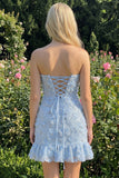 Lichtblauwe bodycon strapless geruffde bloemenkralenjurk met kanten op de rug