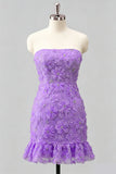 Lichtblauwe bodycon strapless geruffde bloemenkralenjurk met kanten op de rug