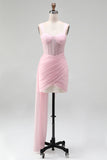 Roze bodycon korset met gerimpelde kanten jurk met kralen thuiskomstjurk met sjerp