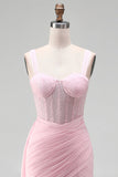 Roze bodycon korset met gerimpelde kanten jurk met kralen thuiskomstjurk met sjerp