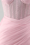 Roze bodycon korset met gerimpelde kanten jurk met kralen thuiskomstjurk met sjerp