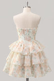 Sweetheart gelaagde A-lijn roze bloemenkorset korte homecomingjurk