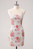 Splitterwitte Bodycon Spaghetti Straps Bloemenpailletten Homecoming Jurk met Veter Achter.