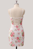 Splitterwitte Bodycon Spaghetti Straps Bloemenpailletten Homecoming Jurk met Veter Achter.