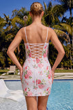 Splitterwitte Bodycon Spaghetti Straps Bloemenpailletten Homecoming Jurk met Veter Achter.