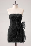 Marineblauwe strapless kralen, strakke kant op de rug korte homecomingjurk met strik