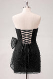 Marineblauwe strapless kralen, strakke kant op de rug korte homecomingjurk met strik