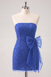 Marineblauwe strapless kralen, strakke kant op de rug korte homecomingjurk met strik