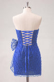 Marineblauwe strapless kralen, strakke kant op de rug korte homecomingjurk met strik