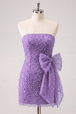 Marineblauwe strapless kralen, strakke kant op de rug korte homecomingjurk met strik