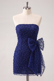 Marineblauwe strapless kralen, strakke kant op de rug korte homecomingjurk met strik