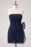 Marineblauwe strapless kralen, strakke kant op de rug korte homecomingjurk met strik