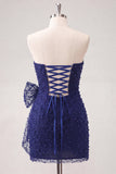 Marineblauwe strapless kralen, strakke kant op de rug korte homecomingjurk met strik