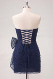 Marineblauwe strapless kralen, strakke kant op de rug korte homecomingjurk met strik