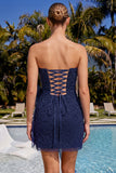 Marineblauwe strapless kralen, strakke kant op de rug korte homecomingjurk met strik