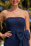 Marineblauwe strapless kralen, strakke kant op de rug korte homecomingjurk met strik