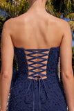 Marineblauwe strapless kralen, strakke kant op de rug korte homecomingjurk met strik