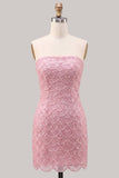 Strapless roze strak bloemen met kant op de rug korte homecomingjurk met veter op de achterkant