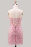 Strapless roze strak bloemen met kant op de rug korte homecomingjurk met veter op de achterkant
