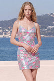 Glitterende roze spaghettibandjes pailletten bodycon homecoming jurk met strik