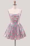 Glinsterende roze A-lijn strapless pailletten homecomingjurk met strik