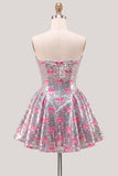 Glinsterende roze A-lijn strapless pailletten homecomingjurk met strik