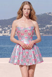 Glinsterende roze A-lijn strapless pailletten homecomingjurk met strik