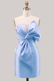 Blauwe satijnen strapless gerimpelde strakke homecomingjurk met strik