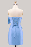 Blauwe satijnen strapless gerimpelde strakke homecomingjurk met strik